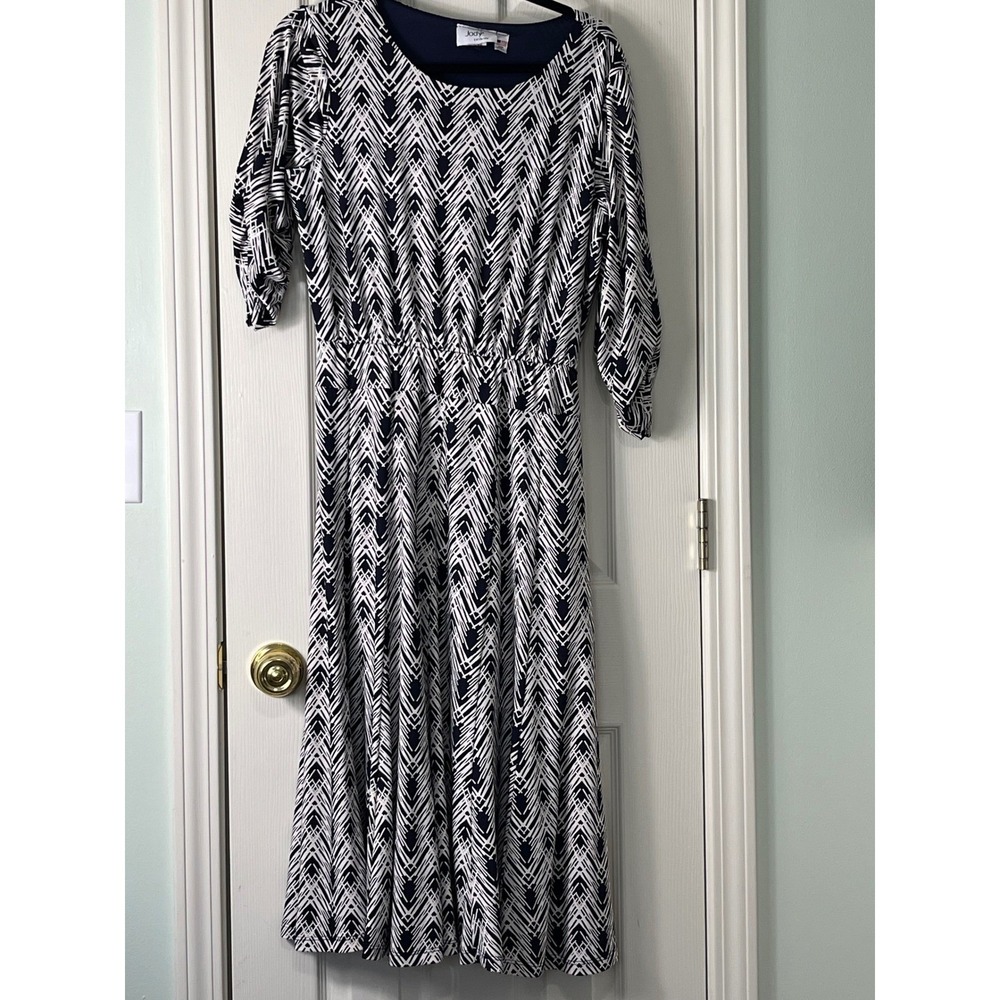 Jody California Midi Dress Womens Large Blue Geometric Chevron Stretch 3/4 Slv - Picture 2 of 8